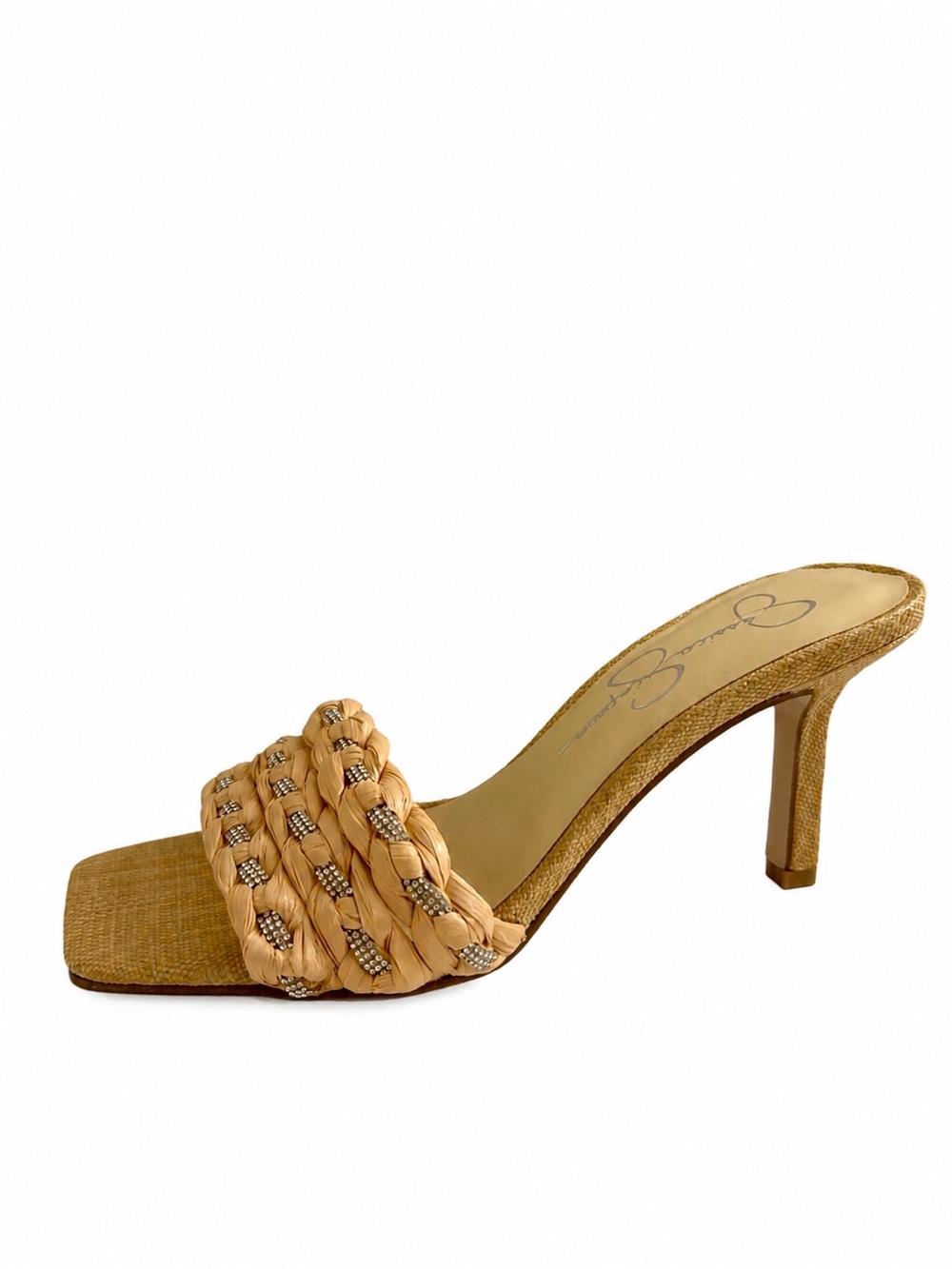 JESSICA SIMPSON Tan Braided Raffia Rhinestone Mule Heels NWOB